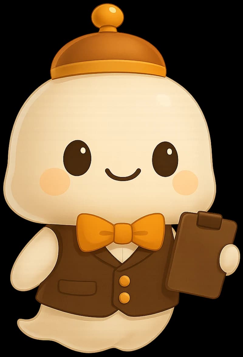 Shadow, a friendly ghost butler in a brown vest, saffron bow tie and bellhop cap, holding a clipboard